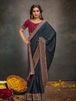 Peacock Blue BSY Satin Embroidered Saree
